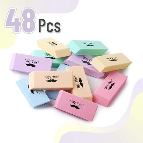 Image of Mr. Pen- Pencil Eraser, 48 Pack, Pastel Colors | Large Latex Free Block Erasers Bulk for School, Office, Art Sketching, Homework, Exams, Clean Smudge-Free Correction
