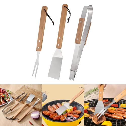 Set de herramientas para parrilla con mango de madera acero inoxidable miniatura 1