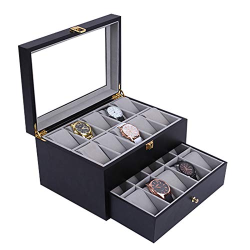 YUIJ Dos Niveles de Reloj Organizador de Caja, Caja de joyería de la Caja de Almacenamiento Superior de Cristal, 20 Ranuras para Tarjetas de Reloj, Almohada extraíble,1 Cover