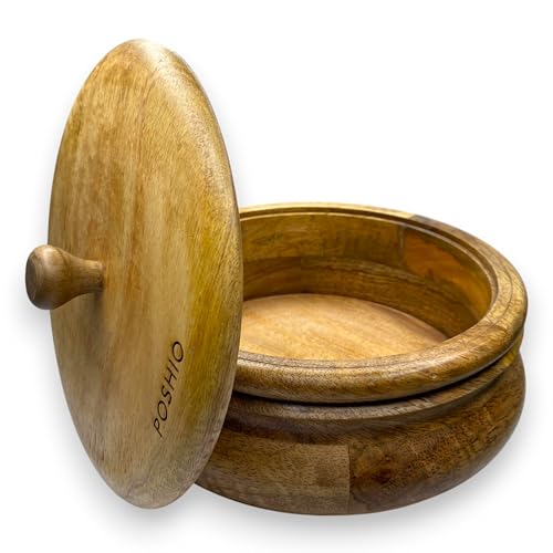 Image of POSHIO Wooden Casserole Hotpot Box with 1 Ladle, Breads Storage & Serving Box | Mango Wood Container | Non-Toxic Polished Serveware- Natural Wood Finish (1, Natural, 9x9x4in, Style 1)