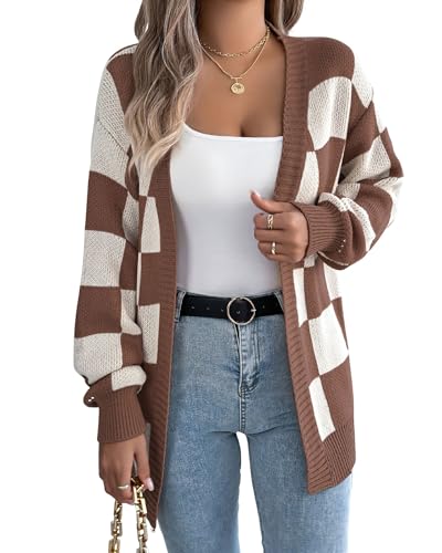 CORIRESHA Women's Contrast Checkerboard Front Placket Knitted Lantern Sleeves Casual Cardigan Mid-Length Coat