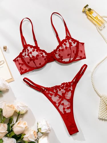 Image of Lilosy Sexy Underwire Cute Push Up Strappy Embroidered Mesh Sheer Lingerie Set See Through Panty Bra