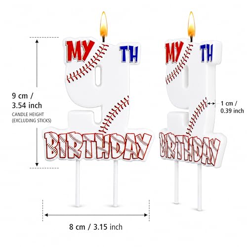 Baseball Number 9 Birthday Candle, 3.5×3.2" Sports Theme 9th Cake Topper for Boys Birthday Party Decorations