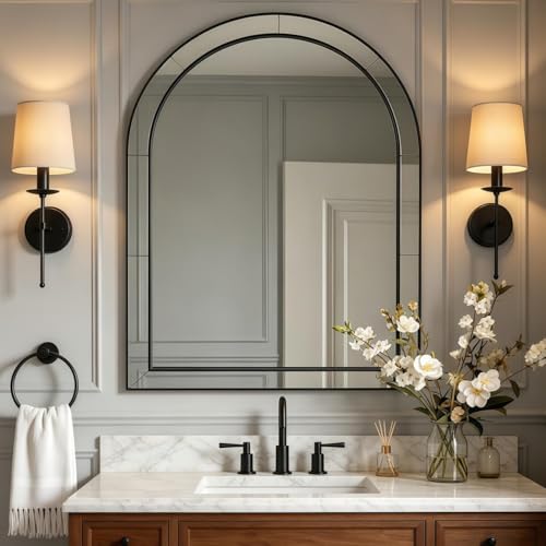 Image of MOON MIRROR Arched Mirror for Bathroom, Bathroom Mirrors for Over Sink, 30x40 inch Matte Black Non-Rusting Vanity Mirror in Delicate Tessellated Glass Design