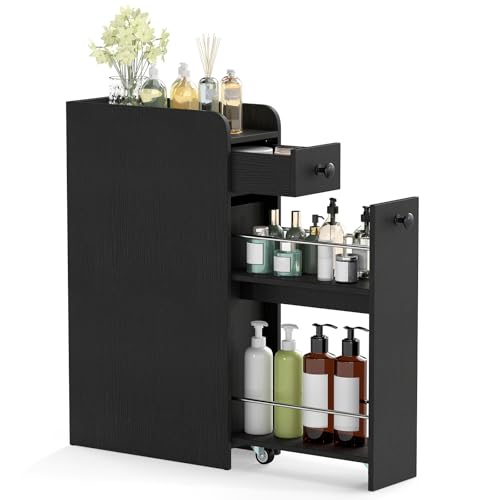 COSTWAY Armario de Baño Estrecho de 4 Niveles, Mueble Auxiliar de Baño Estrecho con Cajones, Encimera con Bordes Elevados, Ruedas y Pomos, Gabinete de Almacenamiento para Baño Cocina Salón (Negro)