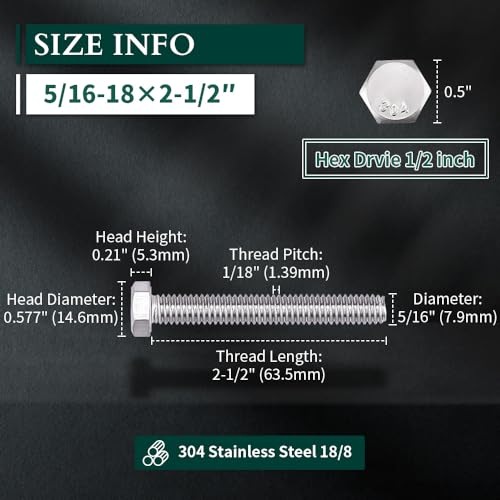 Image of 5 /16-18 x 2-1 /2 inch Hex Head Bolts Screws, 304 Stainless Steel 18-8, Fully Threaded, Hexagon Head Cap Bolts Screws, Coarse Thread UNC, Pack of 15