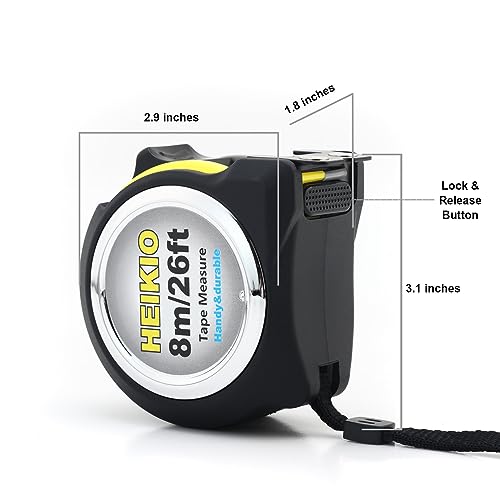 Tape Measure 8M/26FT, Double-Sided Metric and Inch Scale with Fractions, Retractable Measuring Tape with Magnetic Hook and Double Stop Buttons