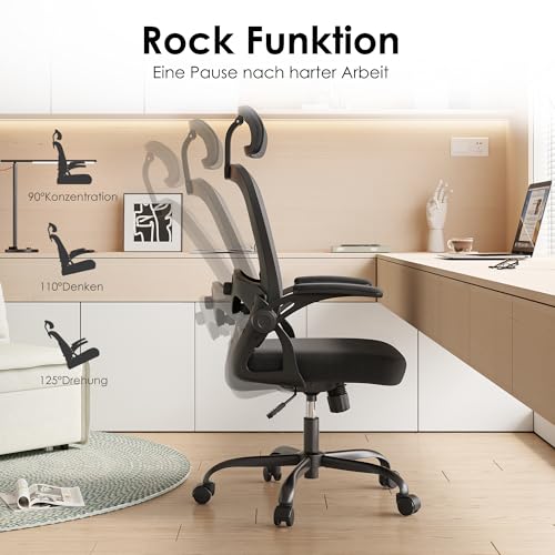 Farini Höhenverstellbar Ergonomischer Stuhl Schreibtisch Stuhl Bürostuhl Bequem mit Kopfstütze, Home Office Stuhl Computer Stühle Chefsessel mit Armlehne, 150 Kg PC Stuhl mit Rollen