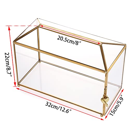 Elldoo 12.6" Gold Glass Wedding Card Box With Heart Lock, Glass Gift Boxes, House Shape With Feet Clear Terrarium Planter For Wedding Receptions, Centerpiece Decor, Keepsake, Gift Display Box, Large Size #TOP1