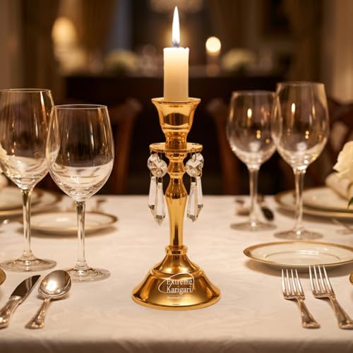 Image of Aluminum Gold Plated Vinatge Candle Stand Holder Crystal Hanging for Home Decor, Dining Table Centerpiece Decoration, 6.75inch