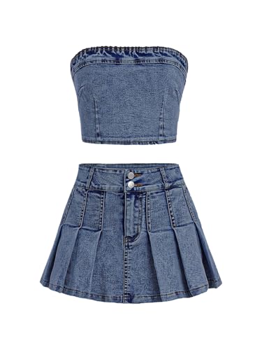 Image of WDIRARA Girl's Y2K 2 Piece Outfits Bandeau Tube Tops Jeans Denim Sets A Line Pleated Mini Skirt Set