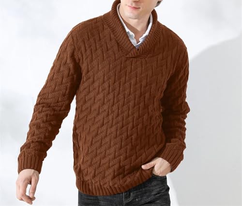 Men's Winter Shawl Collar Sweater Casual Cable Knit Pullover Button Front Woolen Solid Knitwear Warm Long Sleeve Top4