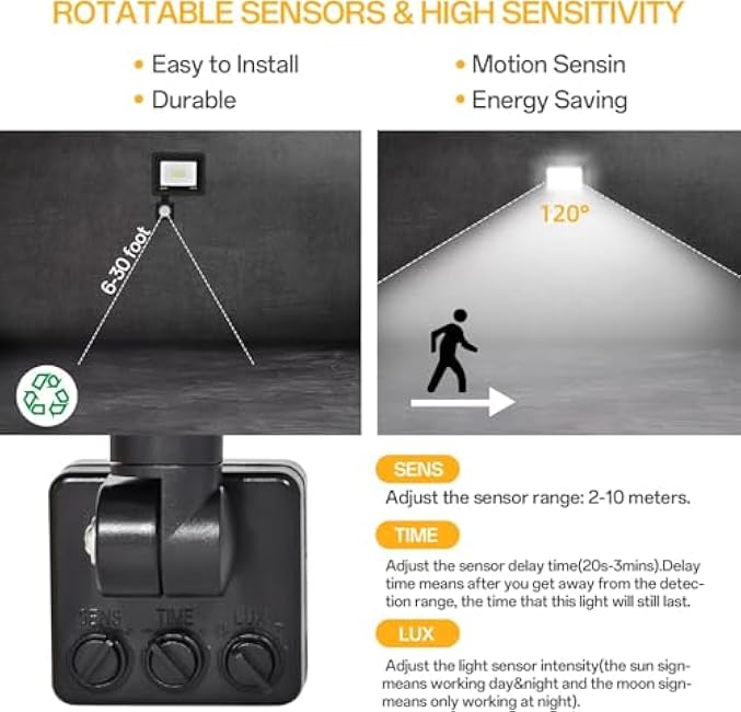 Motion Sensor Flood Light Outdoor£¨2-Pack£©, 20W Plug in Motion Sensor Light with 4.9ft Cord, IP66 Waterproof Floodlights with Photocell 6000K Super Bright Security Light for Garden Patio