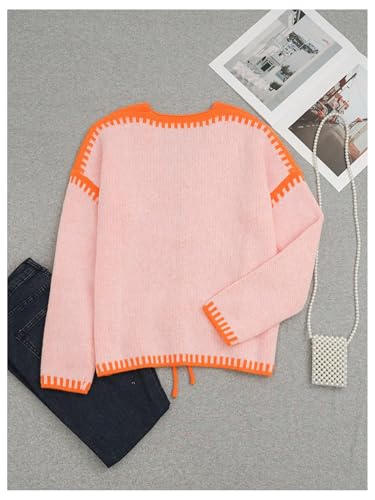 WDIRARA Women's Contrast Trim Tie Front Cardigan Sweater V Neck Long Sleeve Knitwear2