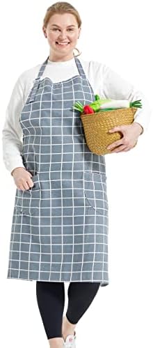APRONNER Cotton Linen Baking Plus Size Aprons for Women with Pockets Kitchen Cooking Grey Grid