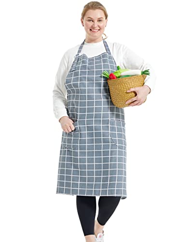 Apronner Cotton Linen Baking Plus Size Aprons For Women With Pockets Kitchen Cooking Grey Grid #TOP3