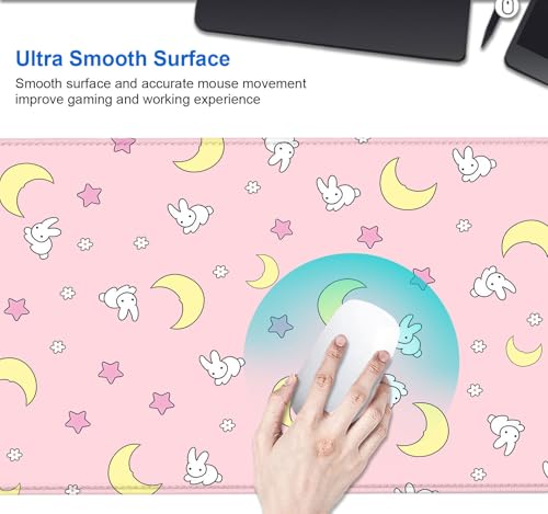 Image of IMAYONDIA Pink Kawaii Desk Pad, Cute Moon Bunny Desk Mat Computer Pad Desktop,Laptop Protector Aesthetic Anime Mousepad Writing Pad for Office Home School,Large Gaming Mouse Pad Tarot Mat,31.5 X 11.8