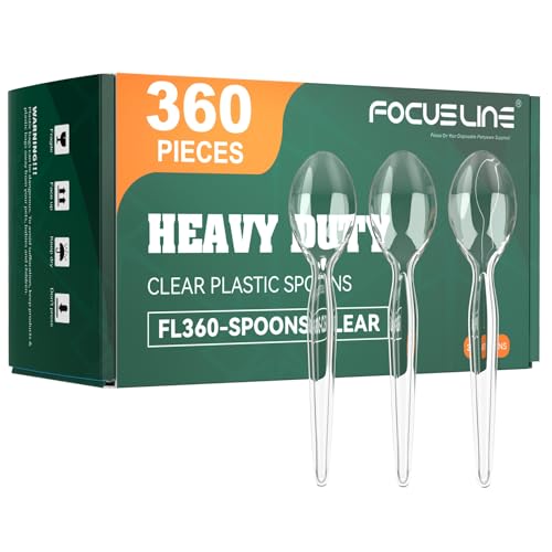 FOCUSLINE 360 Count 6.2 Inch Clear Plastic Spoons Heavy Duty, Solid and Durable Premium Disposable Spoons Bulk, Suitable for Catering, Parties, Events and Everyday Use