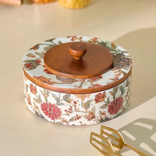 Image of Brick Brown Bela Wooden Roti Box with Lid | Solid Wood Chapati Box for Kitchen & Dining | Designer Roti Casserole /Roti Hot Pot Case | Handmade Roti Dabba Serveware | Roti Container (8x8x4.2 Inch)