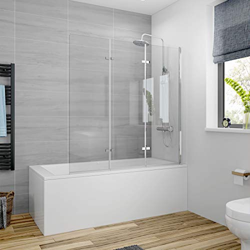 Meykoers Duschabtrennung 130x140cm Duschwand für Badewanne, Dreifalten Duschwand Badewannenaufsatz mit 6mm Nano Easy Clean Glas