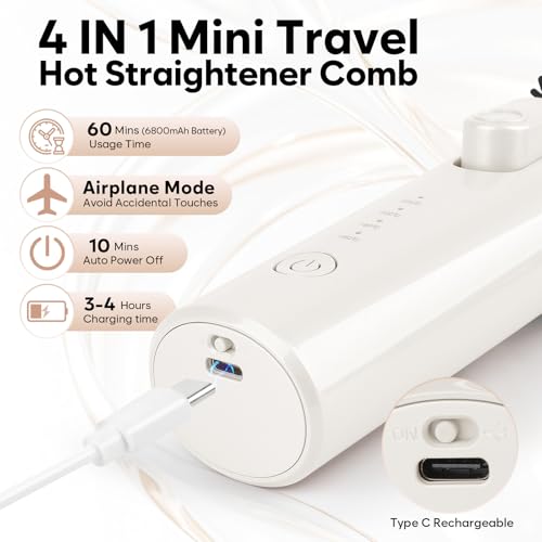 Image of Cordless Curling Iron Brush, Mini Travel Hot Straightener Comb Curl Brush, Rechargeable 4 Temps Cordless Wand Blush with 200 Million Negative Ions for Curls Straightening Styling (White)