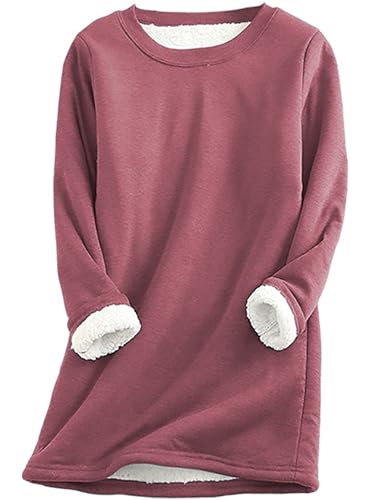 Yeokou Women Warm Sherpa Lined Fleece Crewneck Sport Sweatshirt Pullover Loungewear(WineRed-XL)