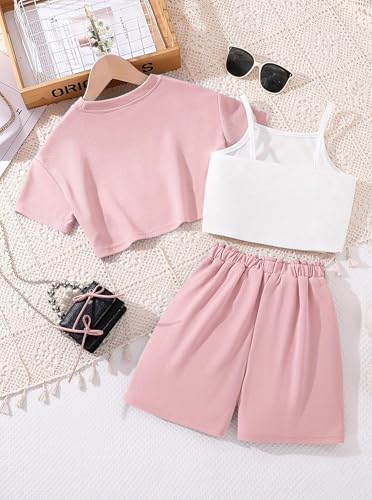 Image of Hilinker Girls 3 Piece Summer Outfits Graphic Crop Tee and Cami Top with Shorts Set