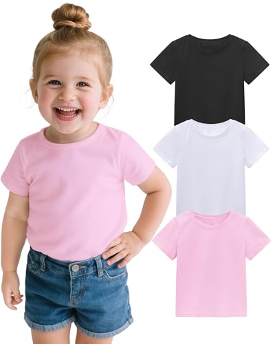 Image of 3 Pack Toddler Girls Short Sleeve Shirts Soft Cotton Basic Tee Shirt Size 18M-5T