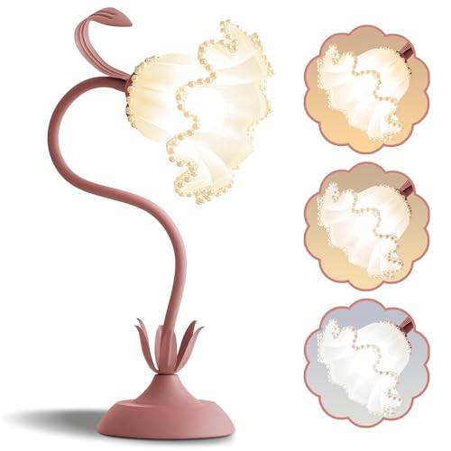 Image of Flower Table Lamp Bedside Lamps LED Reading Light,3 Color Modes Cute Small Lamp,Vintage Flower Lamp Kawaii Table Lamp for Bedroom Living Room Office Dorm Desk Home Decor (Pearl Pink lamp)