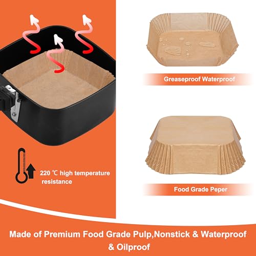 WAD Air Fryer Liners Disposable, 50 Pcs 6.5 Inches Square Air Fryer Parchment Paper Liners, Greaseproof Paper for Air Fryer, Air Fryer Accessories, Compatible with COSORI, Ninja, Tower, Tefal.