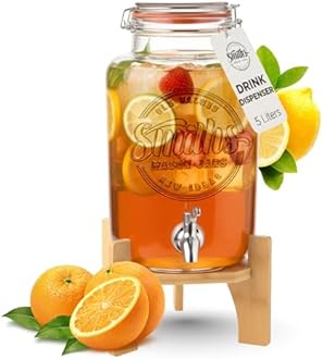 Glass Drink Dispenser with Tap – 5L Mason Jar Beverage Container with Stainless Steel Spigot – Water Dispenser with Tap for Juice, Iced Tea, Cocktail, Picnic, BBQ, Parties, Counter