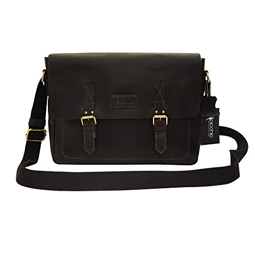 Picchio Men's Genuine Black Leather 14" Laptop Bag, Satchel Bag, Messenger Shoulder Bag