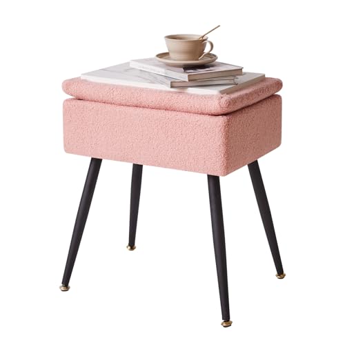 Pink Faux Teddy Fur Vanity Stool with Storage for Living Room Bedroom