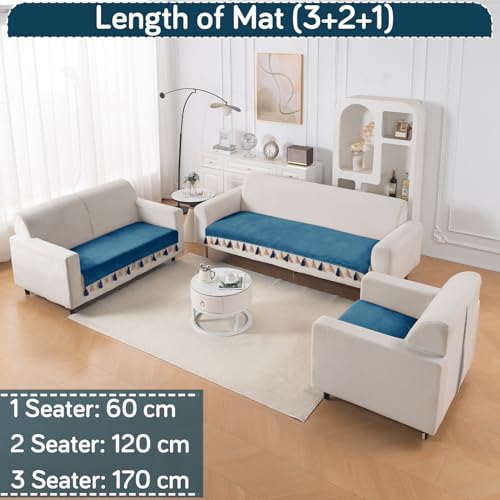 Image of HOKIPO Premium Holland Velvet Sofa Cover 6 Seater Set - Washable 3+2+1 Sofa Cover Mat with Tassel | 'TasselTone Series' | Sea Blue (IN-1108+1106+1104-BL)