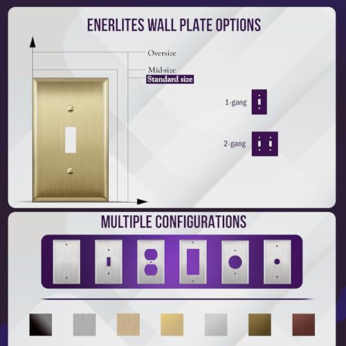 Image of ENERLITES Toggle Light Switch Metal Wall Plate, Stainless Steel Switch Cover, Corrosion Resistant, Size 1-Gang 4.50 inch x 2.76 inch, Stainless Steel 201, 7711-BB, Brushed Brass, Gold | Luxury brushed brass finish; Rust-proof Stainless Steel 201; Standard 1-gang; Fits toggle switches; 7711-BB