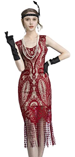 Image of Women 1920s Gatsby Flapper Dress Sexy Open Back Strap Fringed Cocktail Party Dress with 20s Accessories