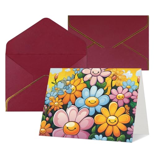 QMNSEHF 封筒付きブランクグリーティングカード Thank YouCard カートゥーン かわいい花 Happy Birthdayカード 女性用 男性用 クリスマス ハロウィン ウェディング ブランク ノートカード あらゆる機会のグリーティングカード