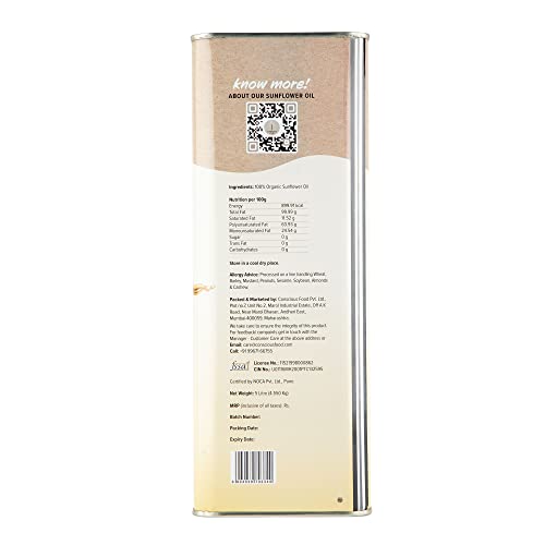 Image of Conscious Food Cold Pressed Sunflower Oil | 5 Litre | Natural | Healthy Cooking Oil | Tin Can | High in Antioxidants, Delicious & Healthy