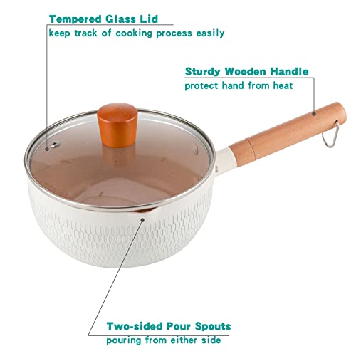 Waykea Non-Stick Small Saucepan With Lid 2.4 Qt, Mini Milk Heating Pot Japanese Pan For Stovetop, Induction, White #TOP2