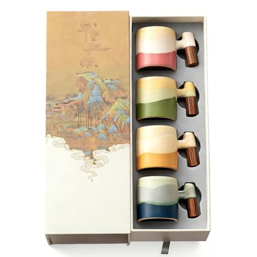 Ceramic Espresso Cups Set of 4 with Wooden Handle