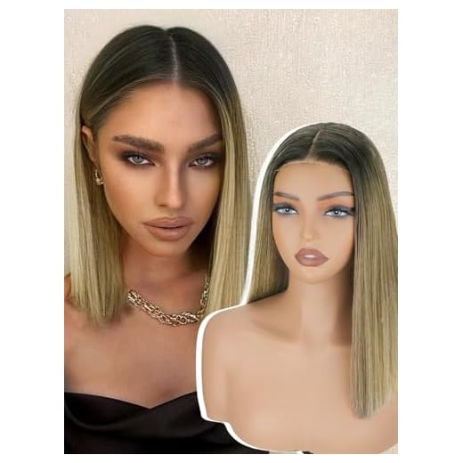 NOSTALGIA Ombre Blonde Synthetic Lace Front Wig with Black Roots Pre Cut Glueless Middle Part Short Straight Wig For Women Pre Plucked Hairline for Party and Daily Use 14 Inch