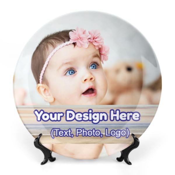 Personalized Decorative Wall Plate with Custom Text/Photo/Logo - Ceramic Round Customized Picture Souvenir Wobble Plate - 7 Inch Wedding Anniversary Birthday Gift Table Decor