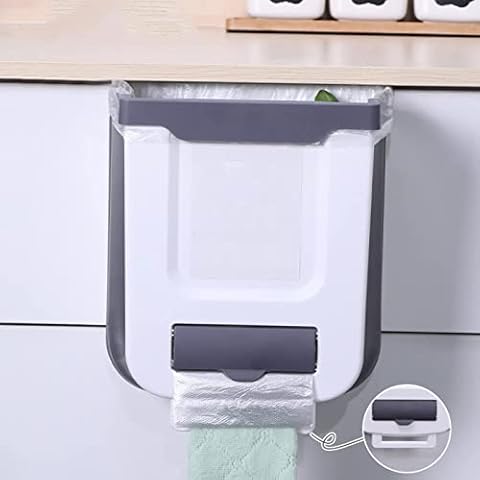 ToKinCen Wall Mounted Foldable Trash Can, Kitchen Hanging Waste Bin for Kitchen Cabinet Door, Under Sink Storage Creative Waste Bin for Kitchen, Bathroom, Office, Car, Living Room, Bedroom 10L Cover