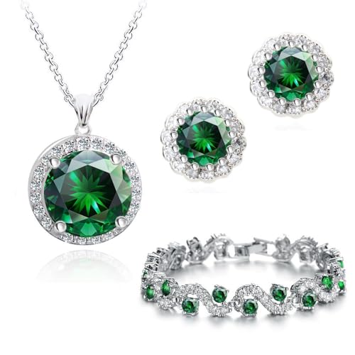 Crystalline Azuria Femme Ensemble Collier Clous Boucles d'Oreilles et Bracelet 18ct Plaqué Or Blanc avec Cristaux Vert imitation Émeraude en Zircone