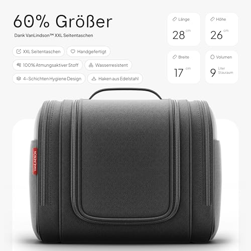VanLindson Kulturbeutel XXL, 9 Liter Stauraum, 3-in-1 Kulturtasche zum Aufhängen für Damen, Herren und Kinder, Kosmetiktasche für Reise, Waschtasche, Waschbeutel, Wasserabweisend, Schwarz