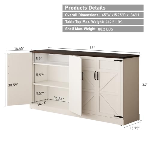 Sideboard-Buffet-Cabinet-with-Storage-65-Inch-Farmhouse-Kitchen-Sideboard-Cabinet-with-Adjustable-Shelves-Wooden-Coffee-Bar-Storage-Cabinet-Buffet-Table-for-Kitchen-Dining-Room-White Sideboard Buffet Cabinet with Storage 65 Inch Farmhouse Kitchen Sideboard Cabinet with Adjustable Shelves Wooden Coffee Bar Storage Cabinet Buffet Table for Kitchen Dining Room White