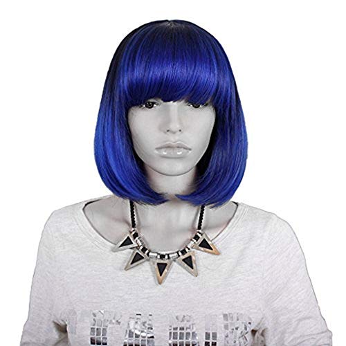 S-SSOY 13" Short Bob Wigs with Bangs for Women Halloween Cosplay Party, Blue