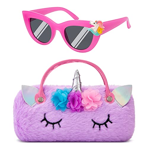 Unicorn Kids Sunglasses with Eyeglass Case, Portable Hard Sunglasses Pouch with Handle UV Protection