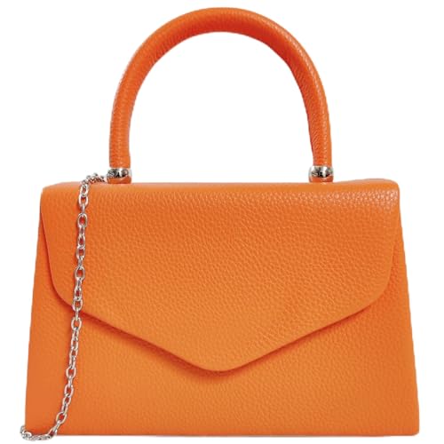 Faux Leather Plain Tote Style Top Handle Bridal Prom Wedding Evening Clutch Party Purse Hand Bag (Orange)