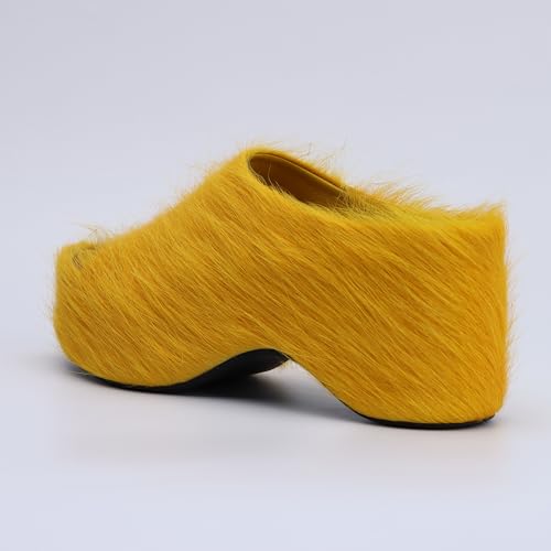 Image of XOBZJH Long-Hair Calfskin Chunky Clog Slide for Women - Memory Foam Luxury Slip on Shoes Women's Mules & Platform Clogs,Designer Mules for Women 2025